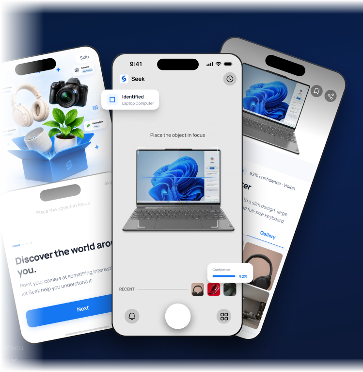Seek on iPhone: point the camera at a laptop, see it identified, then open the result.